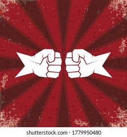 Two clenched fists bumping. Conflict, protest, brotherhood or clash concept vector illustration