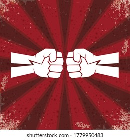 Two clenched fists bumping. Conflict, protest, brotherhood or clash concept vector illustration