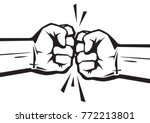 Two clenched fists bumping together. The concept of conflict, confrontation,   resistance, competition, struggle. Hand drawn vector illustration isolated on white background. 