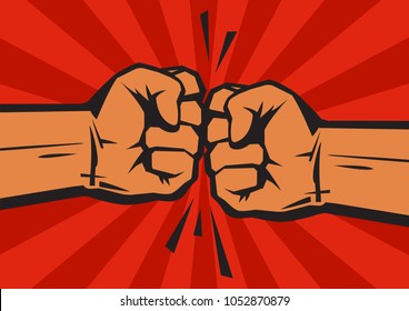 Two clenched fists bumping together on retro background with sun rays. The concept of conflict, confrontation,   resistance, competition, struggle. Hand drawn vector illustration isolated on red.