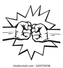 Two clenched fists bumping together on pop art comic burst background. The concept of conflict, confrontation,   resistance, competition, struggle. Hand drawn vector illustration isolated on white