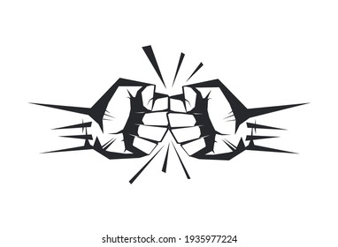 Two clenched fists bumping together. The concept of conflict, confrontation, resistance, competition, struggle. Hand drawn isolated on white background vector illustration