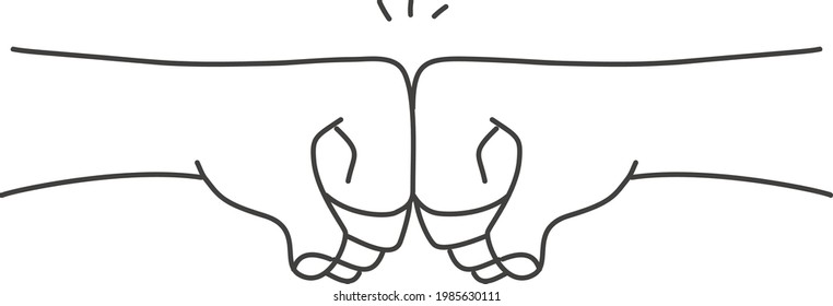 Two clenched fists bumping together, conflict, confrontation, resistance, competition, fight. Hand drawn vector illustration.