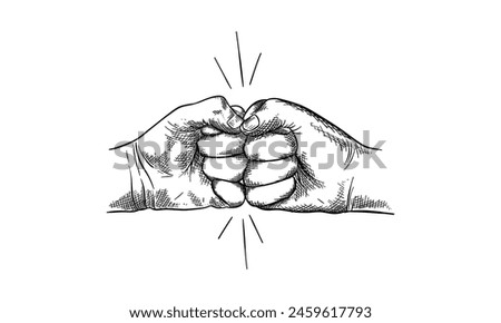 Two clenched fists bumping together. The concept of conflict, confrontation, resistance, competition, struggle. Hand drawn vector illustration isolated on white background.