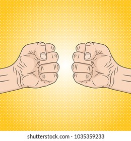 Two clenched fists in conflict. Vector illustration. Concept of aggression and violence, on pop art background
