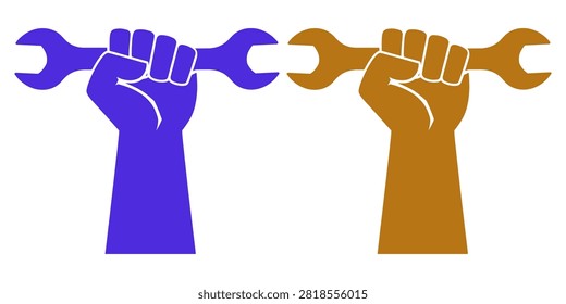 Two clenched fists each holding a wrench in a flat vector illustration with blue and brown tones.