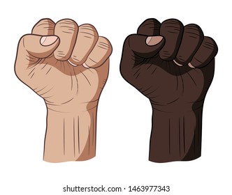 Two clenched fists raised up. Two men's hands, fists on a white background. Dark and light skin. Different races. The symbol of freedom. Vector illustration