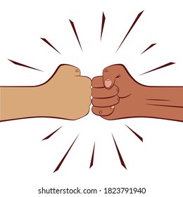 Two clenched male fists bumping together. Concept of conflict, confrontation, resistance, competition, struggle. Vector illustration