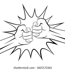 Two clenched male fists bumping together in black and white colour. Boom. Concept of conflict, confrontation, resistance, competition, struggle. Vector illustration