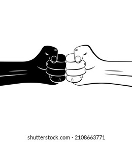 Two clenched man outline and silhouette fists bumping together. Concept of conflict, confrontation, resistance, competition, struggle, unity. Vector illustration