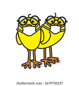 Two Clever Yellow Chicks wearing Round Spectacles and Medical Masks while staring towards camera