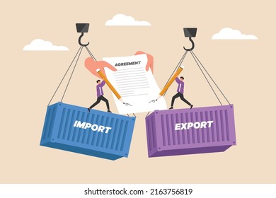 Two clients businessman using pen are signing export and import agreement on the cargo container. Business Agreement Concept. Colored flat graphic vector illustration.