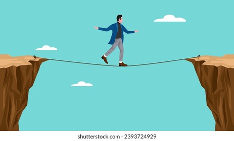 two cliff concept illustration with a Businessman crosses gap between cliffs using rope, business risk symbol, determination, motivation concept