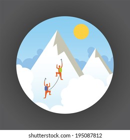 Two climbers climb a snow mountain. Icon.