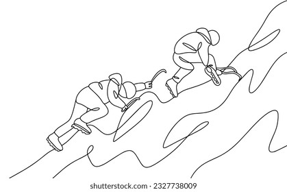 Two climbers conquer a mountain peak. Active sport. One line drawing for different uses. Vector illustration.