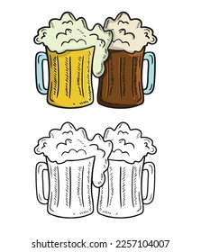 Dos vasos de copas con cerveza clara y oscura con vítores de espuma aislados de fondo blanco. Dibujo vectorial dibujado a mano ilustrado en un sencillo estilo de doodle vintage grabado. Mug con bebida, bar