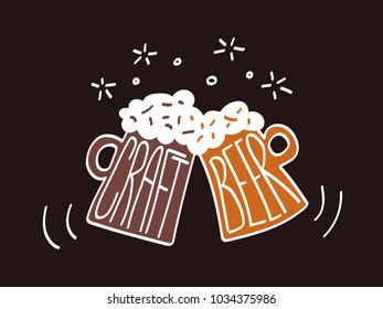 Two clink glasses mug of craft beer with foam. Inverse vector illustration on dark background