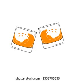 Two clinking alcohol glasses with rum, whiskey, brandy, scotch. Cocktail bar drink menu label. Vector illustration.