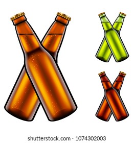 Two clinking beer bottles light dark and green 3d realistic vector set