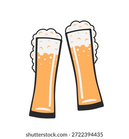 Zwei knallharte Biergläser mit Schaumstoff, flache Vektorgrafik. Oktoberfest-Toast, Feier, Brauereigetränk-Symbol einzeln auf Weiß.	