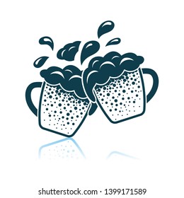 Two Clinking Beer Mugs With Fly Off Foam Icon. Shadow Reflection Design. Vector Illustration.