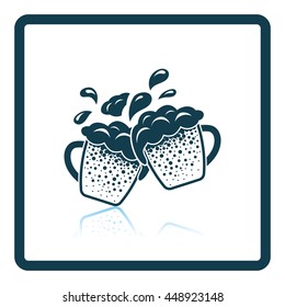 Two clinking beer mugs with fly off foam icon. Shadow reflection design. Vector illustration.