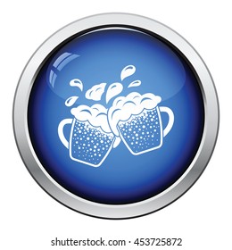 Two clinking beer mugs with fly off foam icon. Glossy button design. Vector illustration.