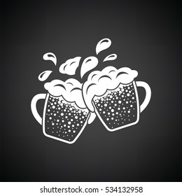 Two clinking beer mugs with fly off foam icon. Black background with white. Vector illustration.