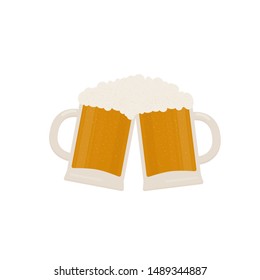 Two clinking beer mugs with foam isolated on white. Traditional Bavarian beer festival Oktoberfest. Flat vector icon. Template for logo design, poster, banner, flyer, t-shirt, invitation, sticker. 