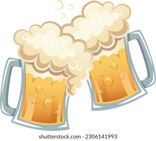 two clinking beer mugs with foam in cartoon style