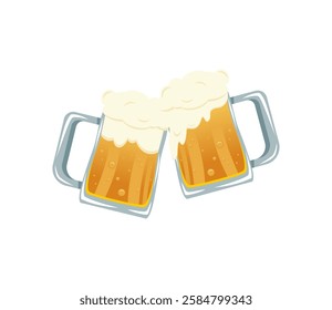 Two clinking beer mugs with foam and bubbles