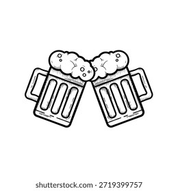 Dos tazas de cerveza tintineantes con espuma en estilo de arte de línea dibujado a mano, Ilustración vectorial