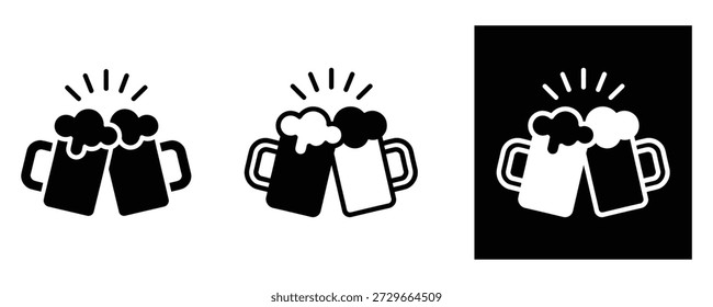 Two clinking beer mugs, frothy beverage celebration, black and white illustration, perfect for festive drinking themes