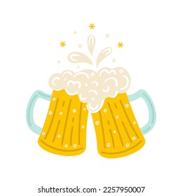 Two clinking beer mugs. Simple vector illustration. Glasses with cold foam drink. Oktoberfest - ale, lager, gold and dark booze. Toast, cheers. Flat clipart for pub, bar menu, logo. Isolated on white