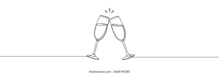 Two clinking champagne glasses continuous one line drawing. Design for party, anniversary celebration, new year festival.