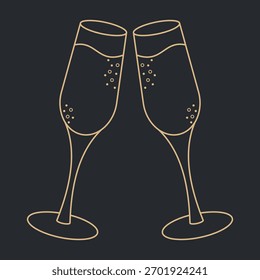 Dois copos de champanhe clinking ilustração da arte da linha com bolhas cintilantes, silhueta elegante da bebida para convites de celebração, cartões de férias, decorações da festa, menus do restaurante, design festivo