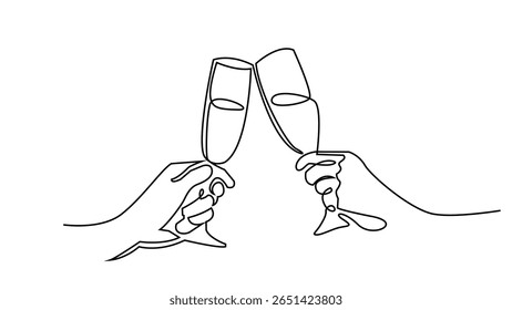Duas taças de champanhe clinking um desenho de linha. Vidro de vinho espumante criativo, banner vetor de linhas contínuas. Design para festa, celebração de aniversário, festival de ano novo