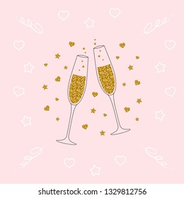 Two clinking champagne glasses in outline. Celebration toast with sparkling wine. Vector wedding background for invitation.