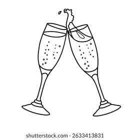Two clinking Champagne glasses with splash in doodle style. Vector minimalistic illustration isolated on a background. For New Year or Wedding design.