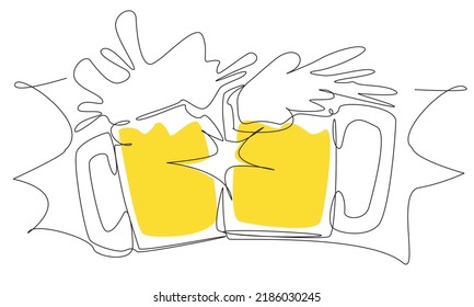 Two clinking glasses with beer in one line on a white background. The concept of a friendly feast and toast. Weekend beer evening stock vector illustration.