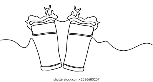 Two clinking glasses with beer in one line on a white background. The concept of a friendly feast and toast. Weekend beer evening stock vector illustration, Two glasses of beer one line continuous.