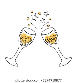 Two clinking glasses with champagne in doodle style. Cheers, holiday toast, birthday, party, anniversary concept. 