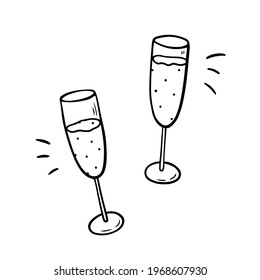 Two clinking glasses with champagne isolated on white background. Cheers, holiday toast. Vector hand-drawn illustration in doodle style. Suitable for cards, decorations, invitations, festive designs.