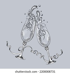 Two clinking glasses with champagne splashes and a serpentine ribbon. Vintage engraving stylized drawing. Vector illustration.