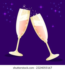 Two clinking glasses with foamy champagne and sparkling bubbles isolated on dark blue background with stars