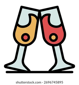 Two clinking glasses icon. Outline two clinking glasses vector icon color flat isolated