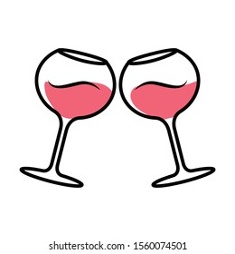 Two clinking glasses with rose wine color icon. Glassfuls of alcohol beverage. Wine service. Celebration. Wedding. Tasting, degustation. Toast. Cheers. Isolated vector illustration