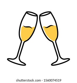 Two clinking glasses with sparkling wine color icon. Champagne flutes. Glassfuls of alcohol beverage. Wine service. Celebration. Wedding. Tasting, degustation. Cheers. Isolated vector illustration