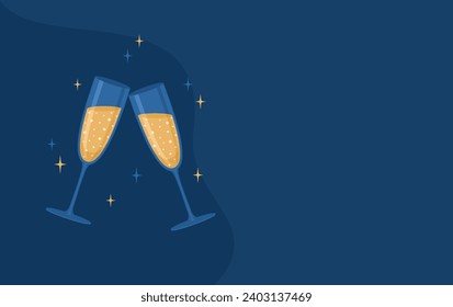 Two clinking glasses of sparkling wine or champagne on a dark blue background with copy space. Vector illustration in flat style