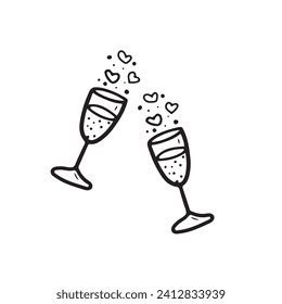 Dos copas de agua con vino espumoso, champán y vicios de amor en negro aislados en fondo blanco. Dibujo vectorial dibujado a mano ilustración en el contorno grabado de doodle vintage, estilo de arte de línea